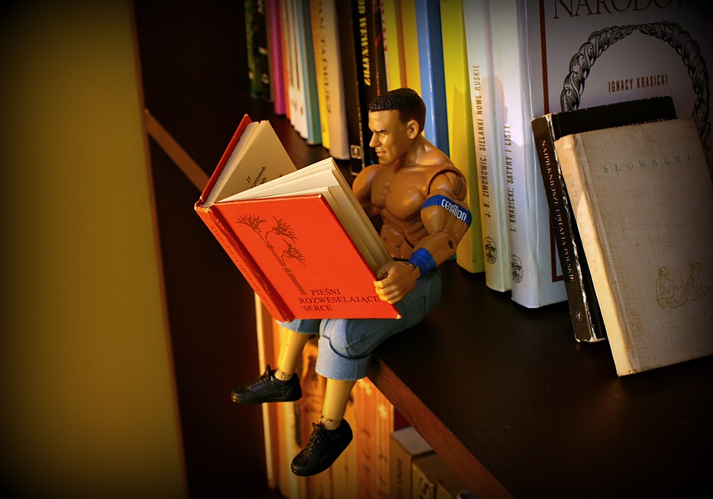 A very buff action figure sits on the edge of a bookcase and reads a red book.
