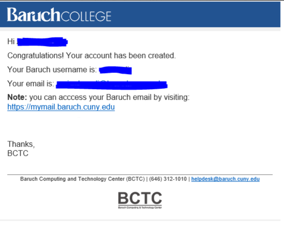 Email confirming account claming and directing users to webmail.baruch.cuny.edu and telling them their email address.