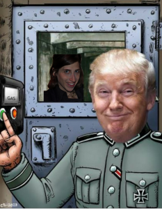 A photoshopped image of Emily Peck inside of a gas chamber with Donald Trump pushing the button.