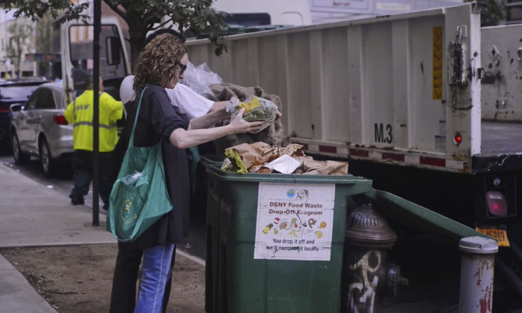 Some food scraps are delivered in plastic bags; a separate trash bag for them is nearby.