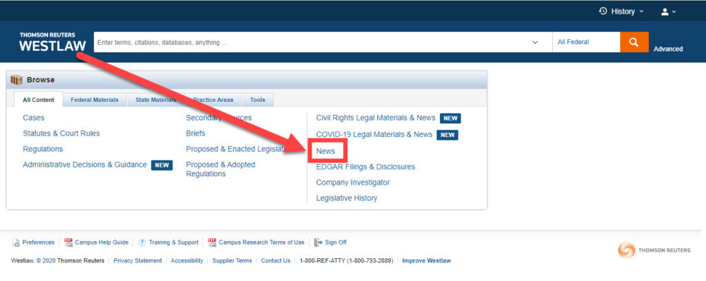 Location of News link in Westlaw