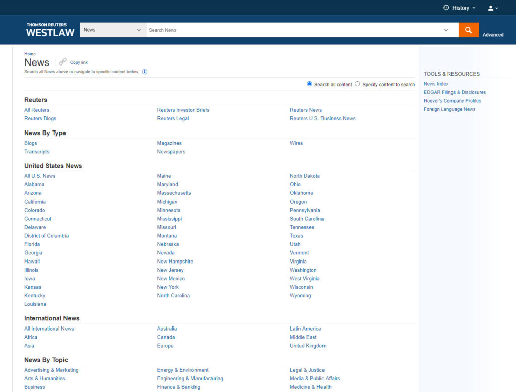 News search in Westlaw