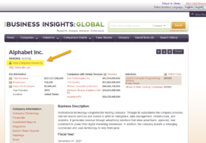 Screenshot of sample company detail page in Business Insights: Global