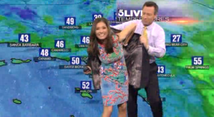 Chris Borrous jumped to Liberté Chan's rescue during wardrobe malfunction. Courtesy of weather.com/KTLA