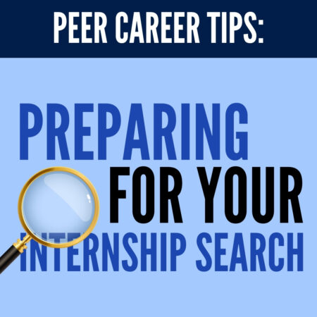 Thumbnail graphic showing a magnifying glass going over the words: "Preparing For Your Internship Search"