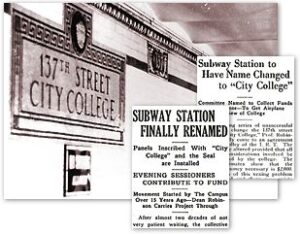 Interior of 137th Street Station. Subway tiles read "137th Street City College." Two newspaper clippings about the station are imposed over the photograph.