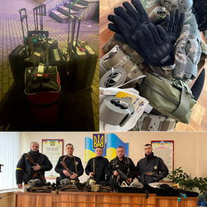 montage of images showing suitcases, gloves and other supplies, and 5 officers posing